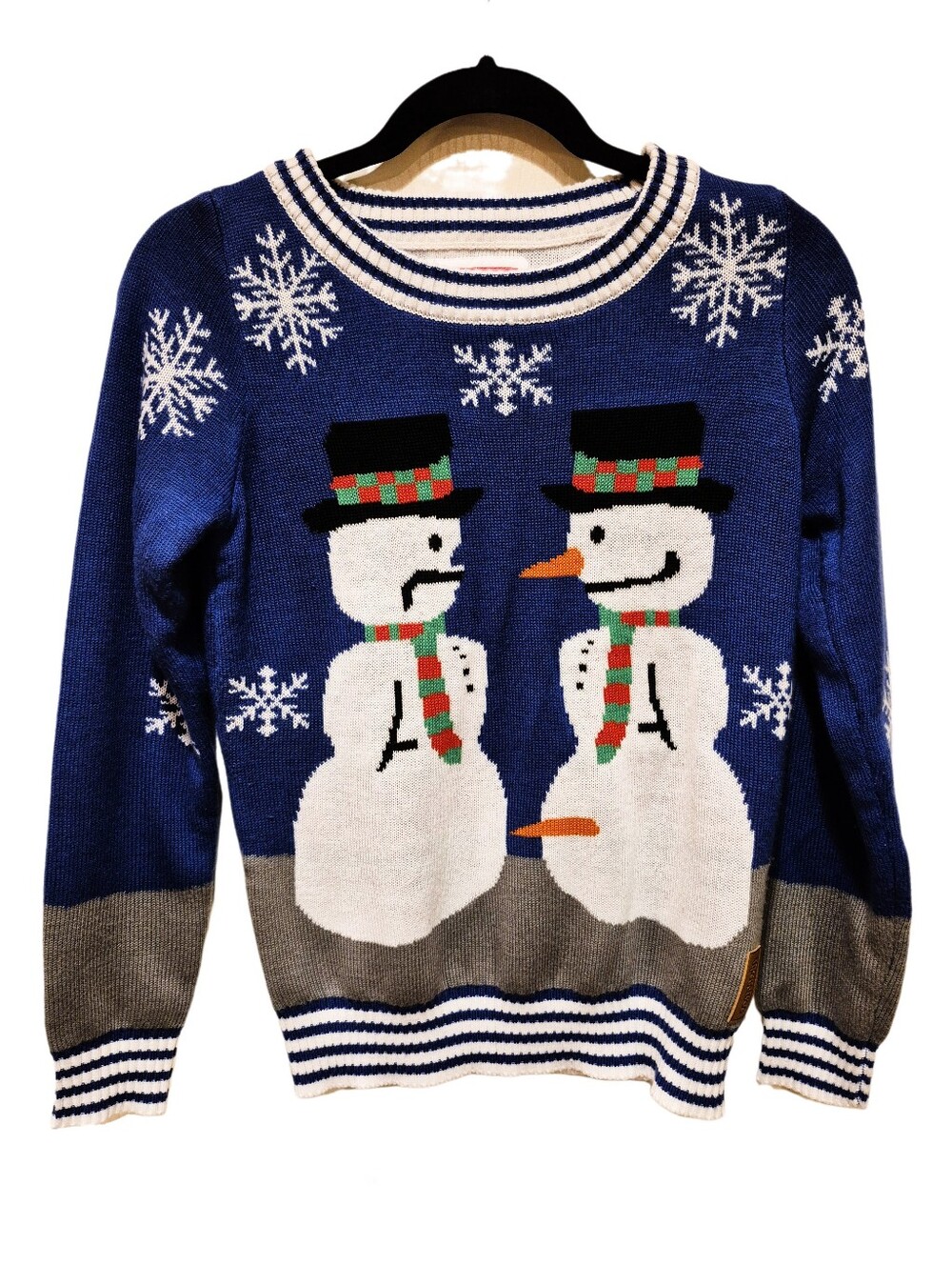 Tipsy Elves Blue Snowman Crewneck Sweater with White and Gray Accents